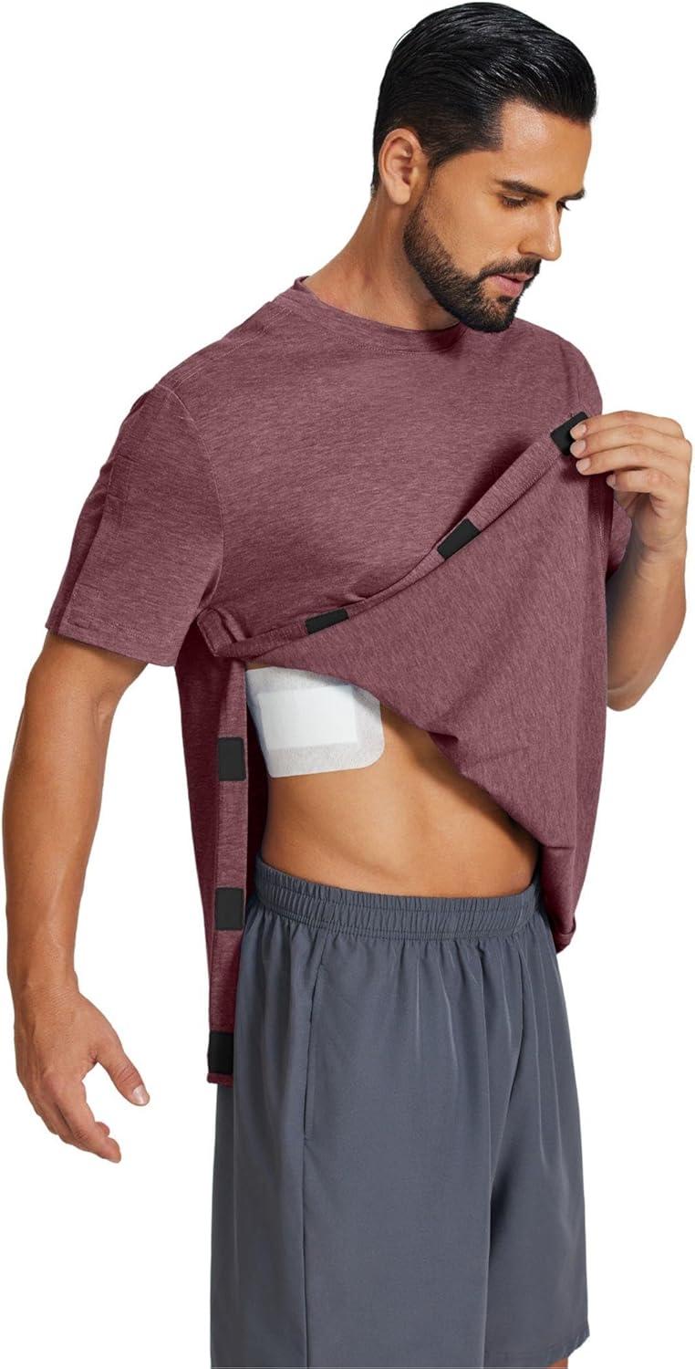 imageDeyeek Shoulder Surgery Shirts for Men Full Tear Away Short Sleeve T Shirt Adaptive Chemo Clothing with Stick On FastenersRed