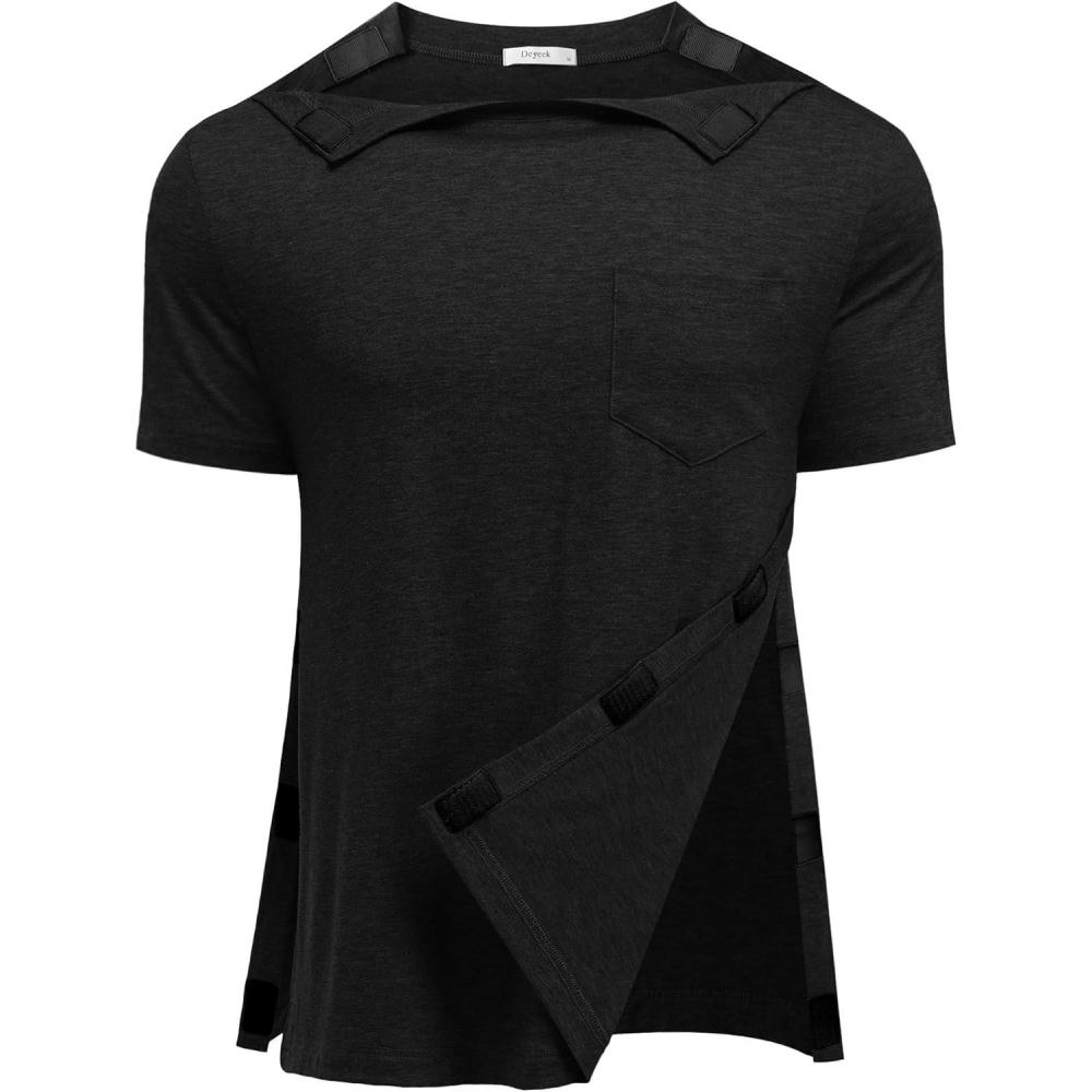 imageDeyeek Shoulder Surgery Shirts for Men Full Tear Away Short Sleeve T Shirt Adaptive Chemo Clothing with Stick On FastenersBlack