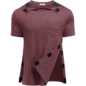 Deyeek Shoulder Surgery Shirts for Men Full Tear Away Short Sleeve T Shirt Adaptive Chemo Clothing with Stick On Fasteners(Red)