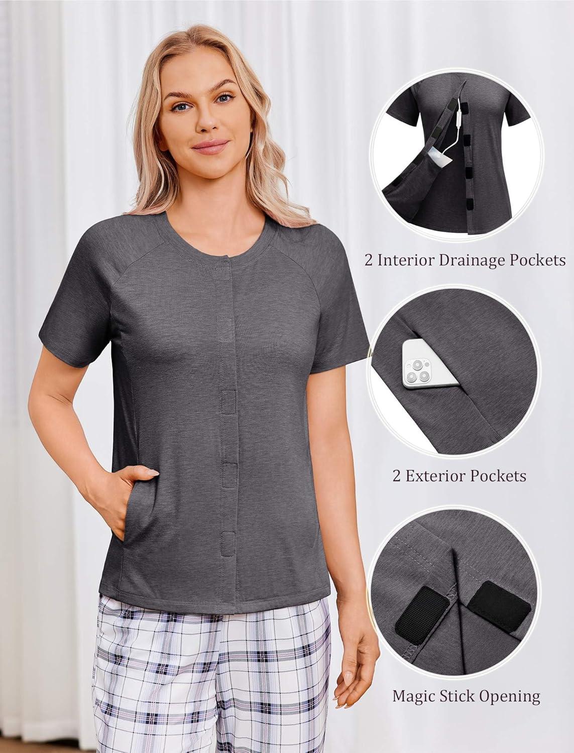imageDeyeek Mastectomy Shirts with Drain Pockets for Women Short Sleeve Shirt Chemotherapy Must Haves Dark Gray