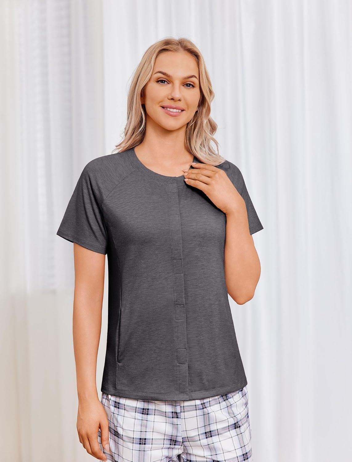 imageDeyeek Mastectomy Shirts with Drain Pockets for Women Short Sleeve Shirt Chemotherapy Must Haves Dark Gray