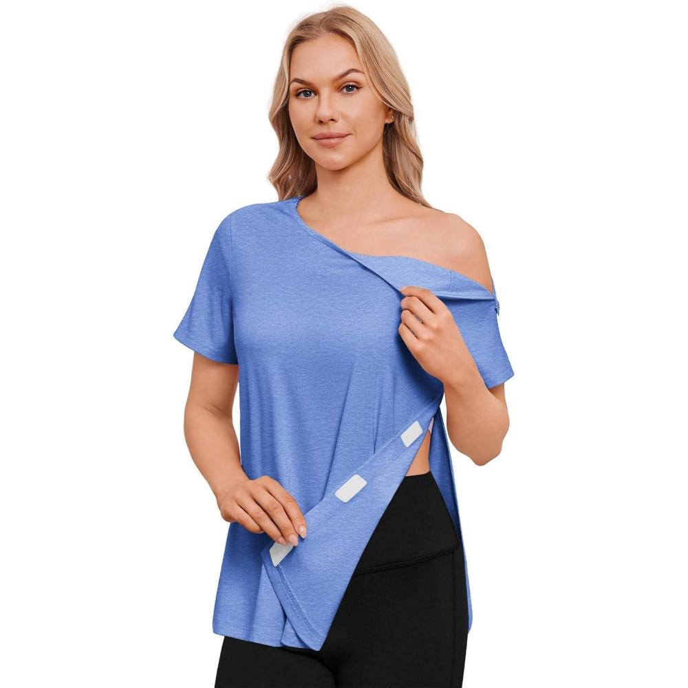 imageDeyeek Post Surgery Shirts for Women with 2 Shoulder Half Zippers Chemo Port Shirt Side Tear Away Adaptive ClothingBlue