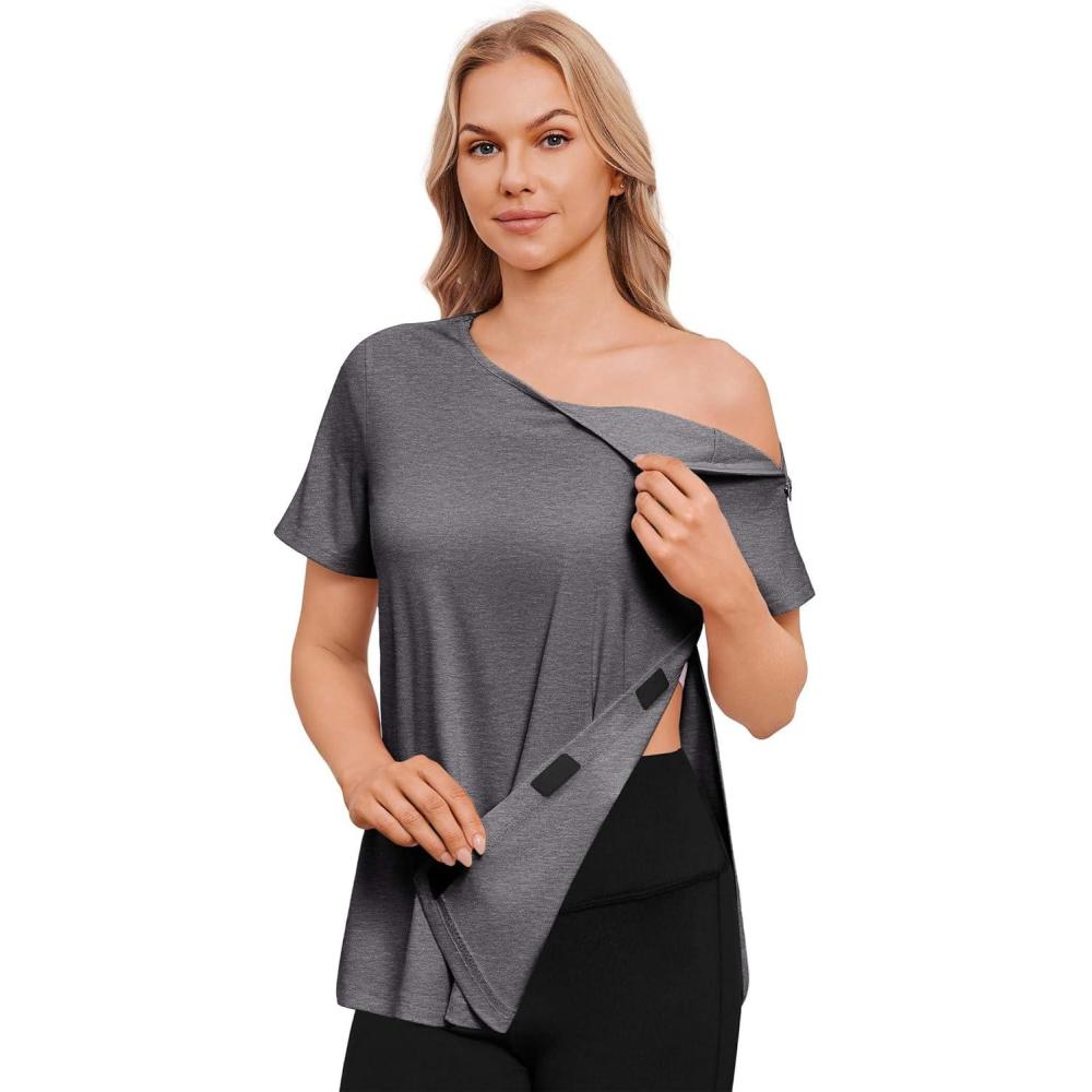 imageDeyeek Post Surgery Shirts for Women with 2 Shoulder Half Zippers Chemo Port Shirt Side Tear Away Adaptive ClothingDark Gray