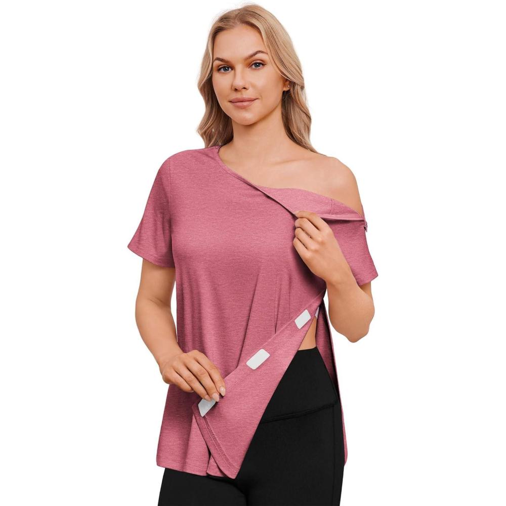 imageDeyeek Post Surgery Shirts for Women with 2 Shoulder Half Zippers Chemo Port Shirt Side Tear Away Adaptive ClothingRose Taupe
