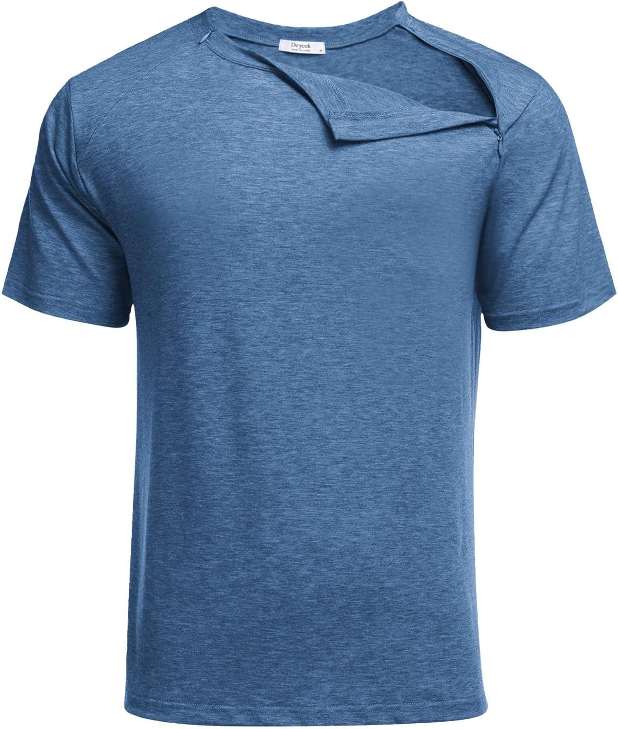 imageDeyeek Unisex Chemo Port Shirts Post Shoulder Surgery Recovery Shirts Tear Away Side Zippers Off Full Open Chemo ClothingBlue