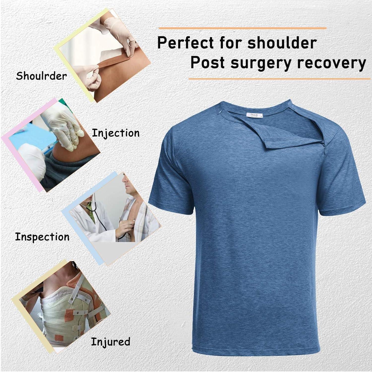 imageDeyeek Unisex Chemo Port Shirts Post Shoulder Surgery Recovery Shirts Tear Away Side Zippers Off Full Open Chemo ClothingBlue