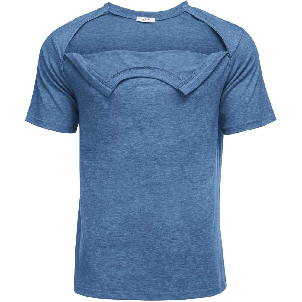 imageDeyeek Unisex Chemo Port Shirts Post Shoulder Surgery Recovery Shirts Tear Away Side Zippers Off Full Open Chemo ClothingBlue