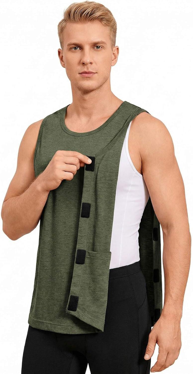 imageDeyeek Post Surgery Shirts Men Shoulder Mastectomy Recovery Tank Tops with Drain Pockets Adaptive Rotator Cuff Magic TapeArmy Green