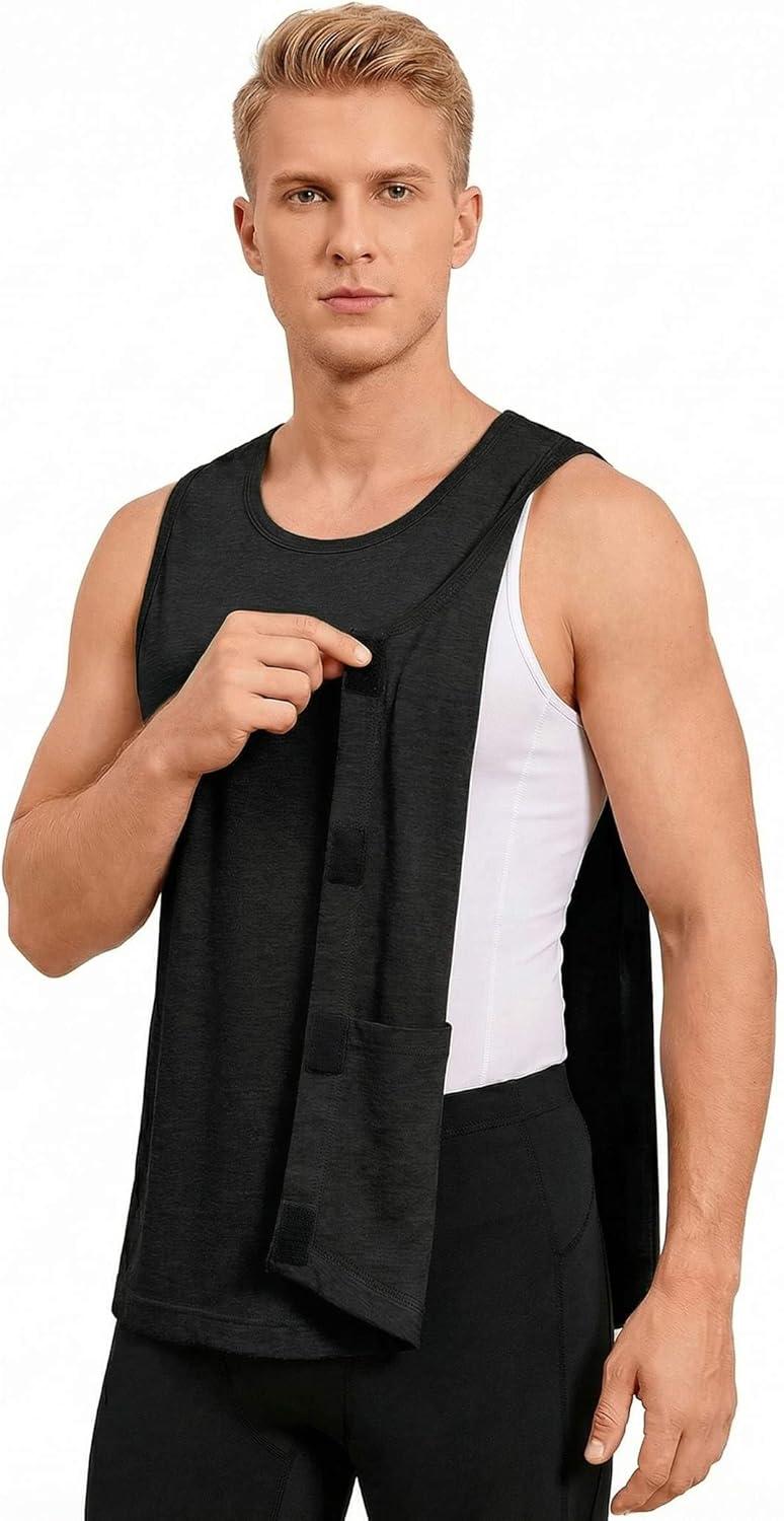 imageDeyeek Post Surgery Shirts Men Shoulder Mastectomy Recovery Tank Tops with Drain Pockets Adaptive Rotator Cuff Magic TapeBlack