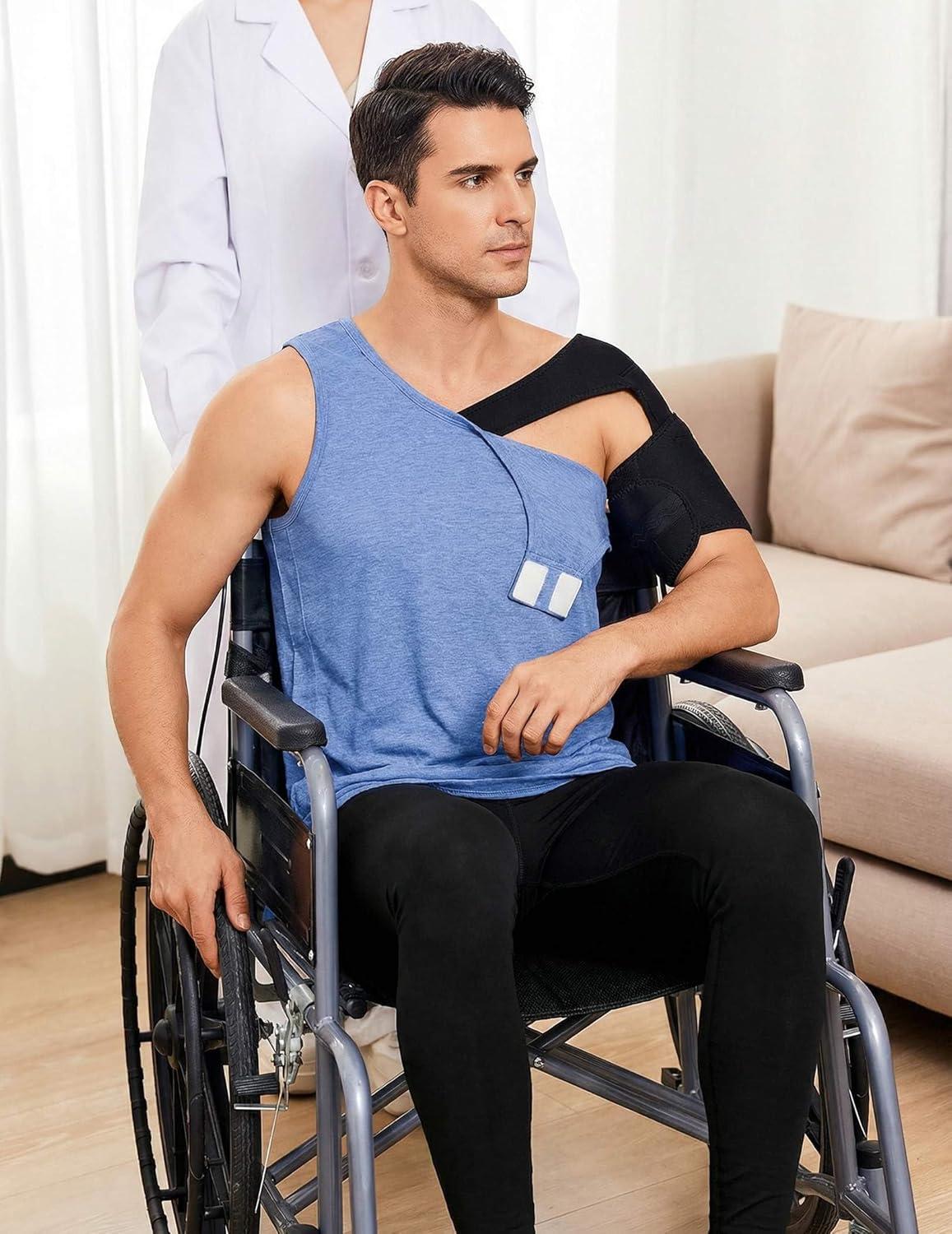 imageDeyeek Post Surgery Shirts Men Shoulder Mastectomy Recovery Tank Tops with Drain Pockets Adaptive Rotator Cuff Magic TapeBlue