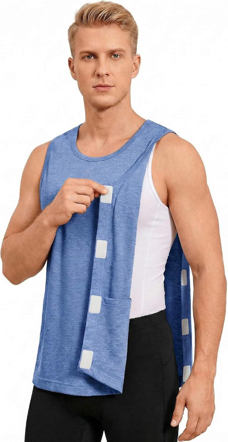 imageDeyeek Post Surgery Shirts Men Shoulder Mastectomy Recovery Tank Tops with Drain Pockets Adaptive Rotator Cuff Magic TapeBlue