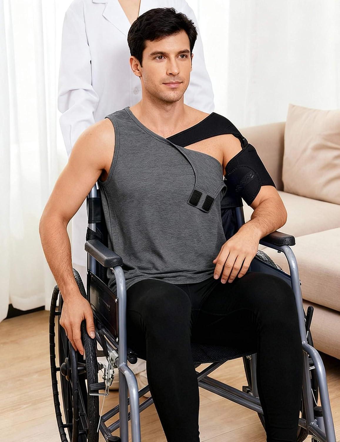 imageDeyeek Post Surgery Shirts Men Shoulder Mastectomy Recovery Tank Tops with Drain Pockets Adaptive Rotator Cuff Magic TapeDark Grey