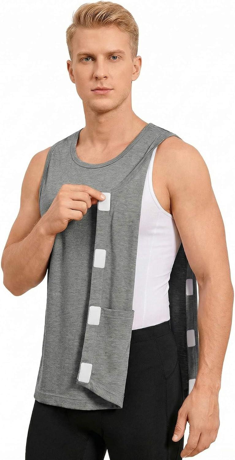 imageDeyeek Post Surgery Shirts Men Shoulder Mastectomy Recovery Tank Tops with Drain Pockets Adaptive Rotator Cuff Magic TapeLight Grey