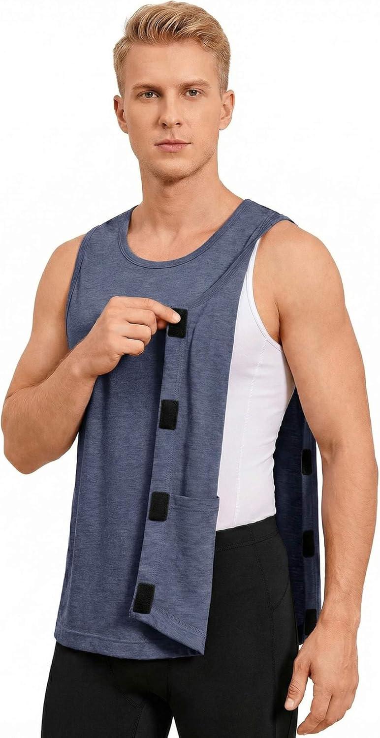 imageDeyeek Post Surgery Shirts Men Shoulder Mastectomy Recovery Tank Tops with Drain Pockets Adaptive Rotator Cuff Magic TapeNavy Blue