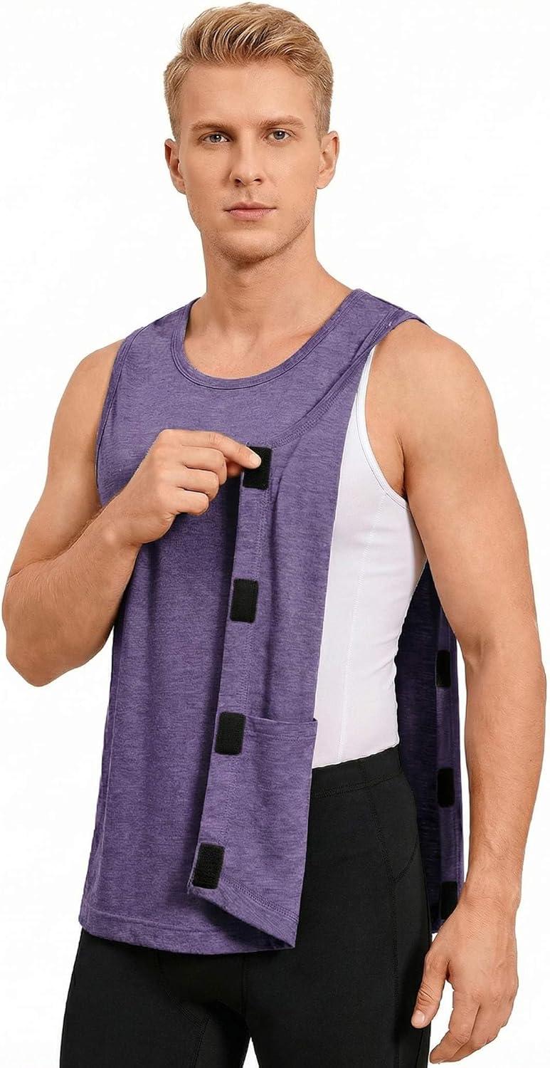 imageDeyeek Post Surgery Shirts Men Shoulder Mastectomy Recovery Tank Tops with Drain Pockets Adaptive Rotator Cuff Magic TapePurple