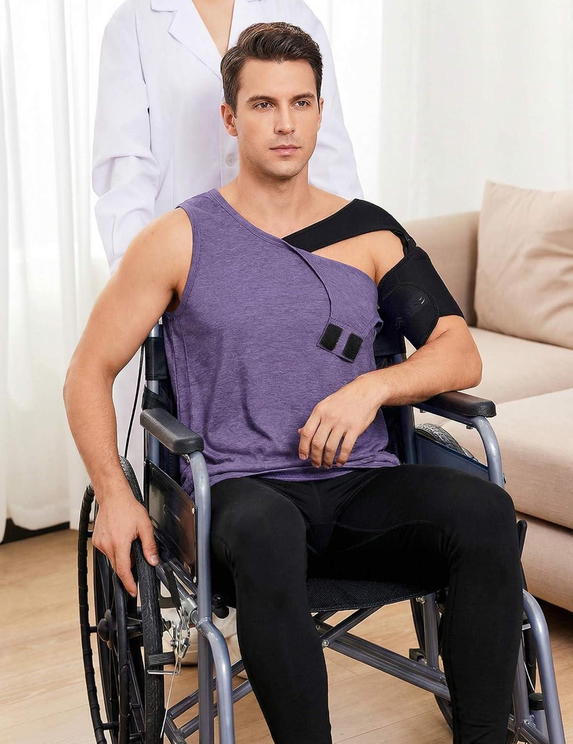 imageDeyeek Post Surgery Shirts Men Shoulder Mastectomy Recovery Tank Tops with Drain Pockets Adaptive Rotator Cuff Magic TapePurple