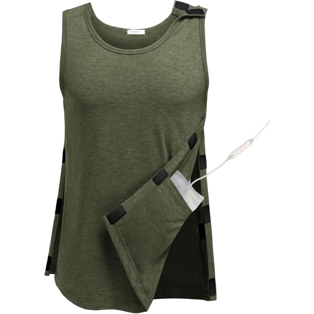 imageDeyeek Post Surgery Shirts Men Shoulder Mastectomy Recovery Tank Tops with Drain Pockets Adaptive Rotator Cuff Magic TapeArmy Green