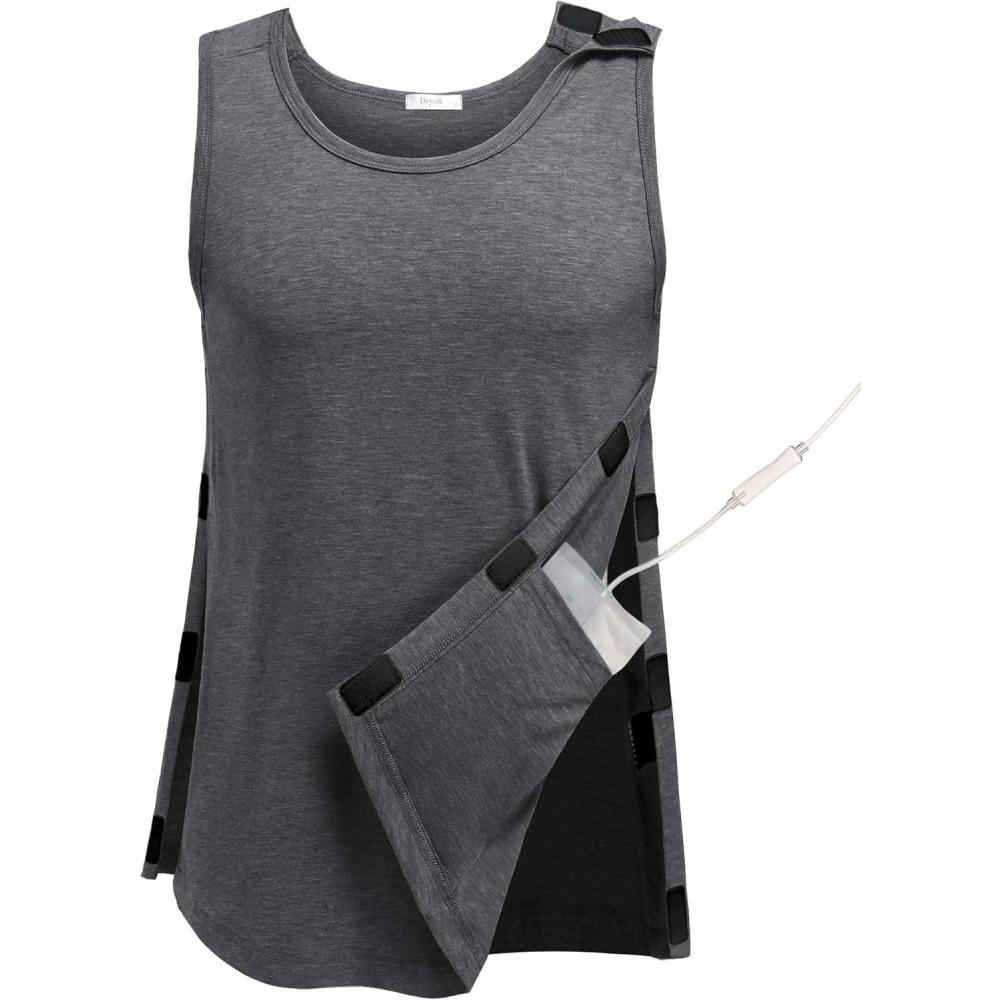 imageDeyeek Post Surgery Shirts Men Shoulder Mastectomy Recovery Tank Tops with Drain Pockets Adaptive Rotator Cuff Magic TapeDark Grey