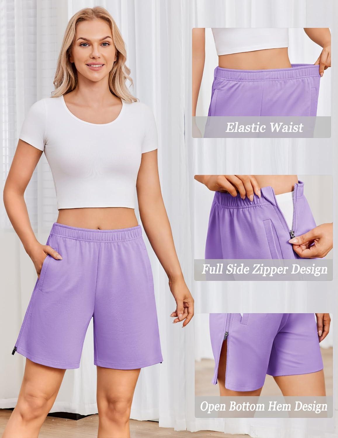 imageDeyeek Womens Post Surgery Shorts Cotton Tear Away Surgical Shorts Rip Off Pants with Pockets for Catherter Bag Cast Leg Purple