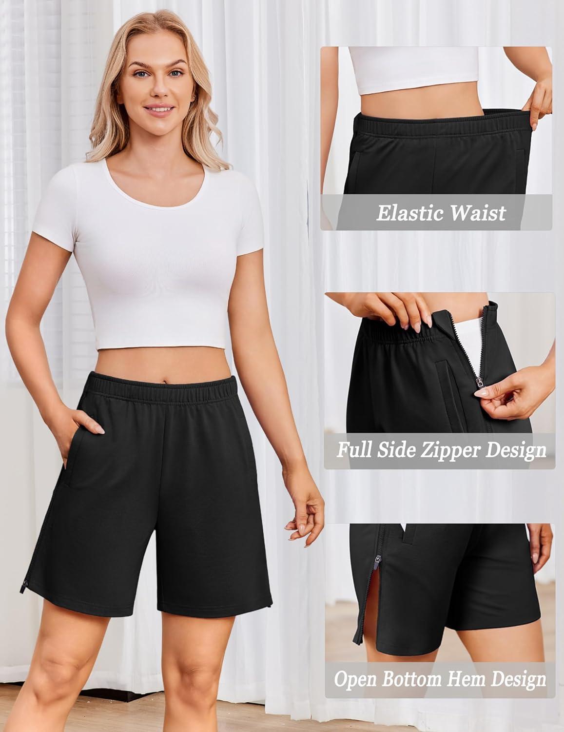 imageDeyeek Womens Tearaway Shorts After Knee Surgery Zipper On Shorts for Women Hospital Break Away Post Surgery Pants with Pockets Black