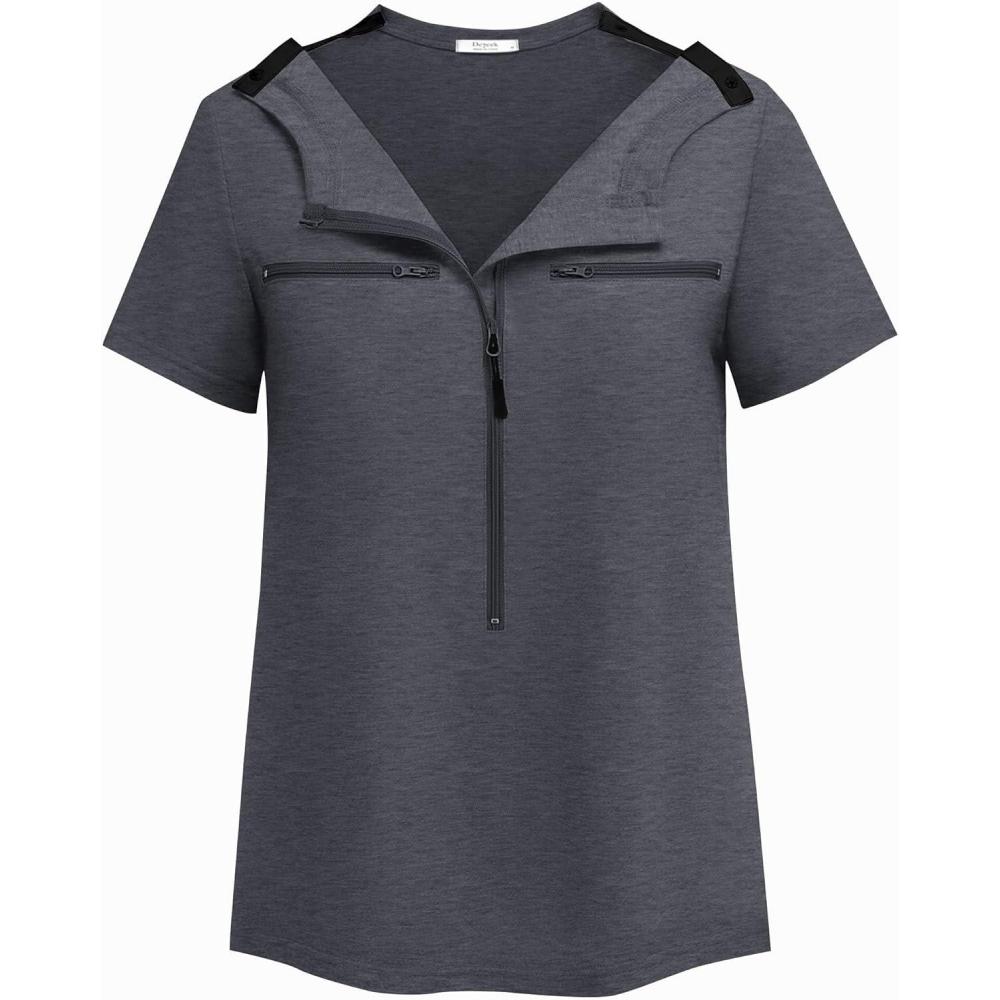 imageDeyeek Chemo Shirts for Port Access Women 2 Side Snap Short Sleeve Shoulder Surgery Rotator Cuff Dialysis Recovery ShirtsDeep Grey