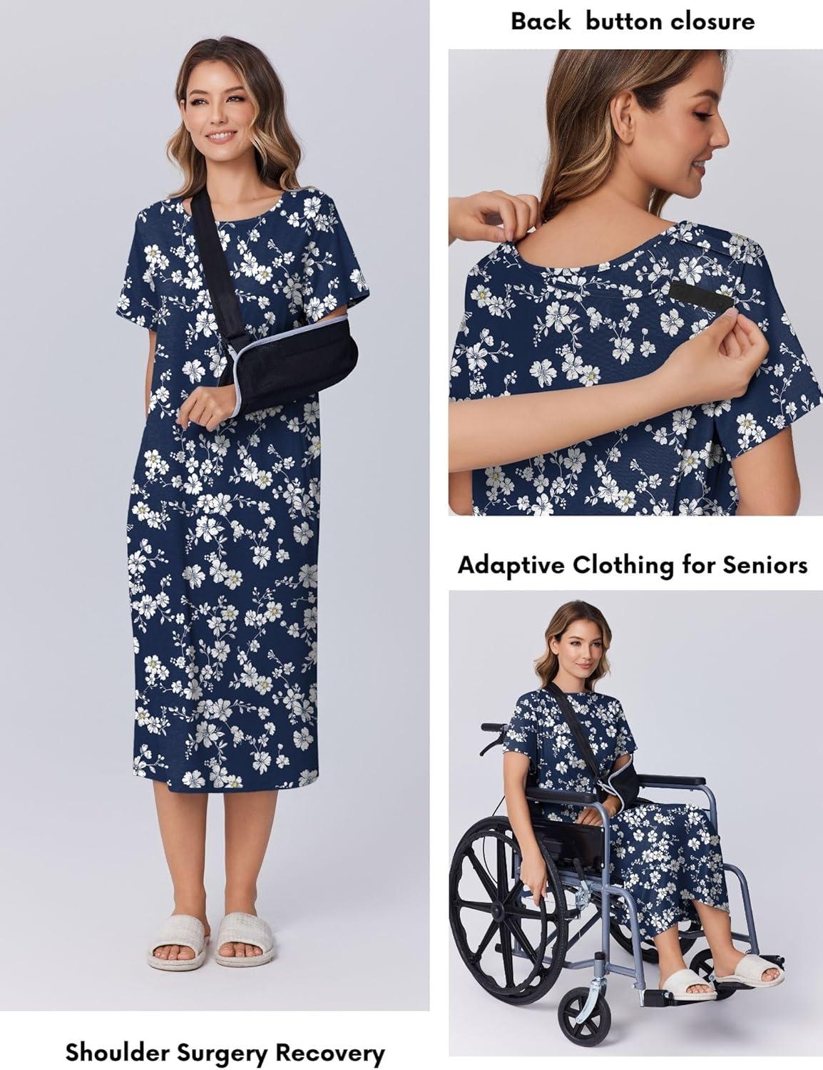imageDeyeek Hospital Gowns for Women Labor Delivery Shoulder Surgery Dress Adaptive Clothing Night Robes for Elderly Plus SizeDeep Blue Blossom