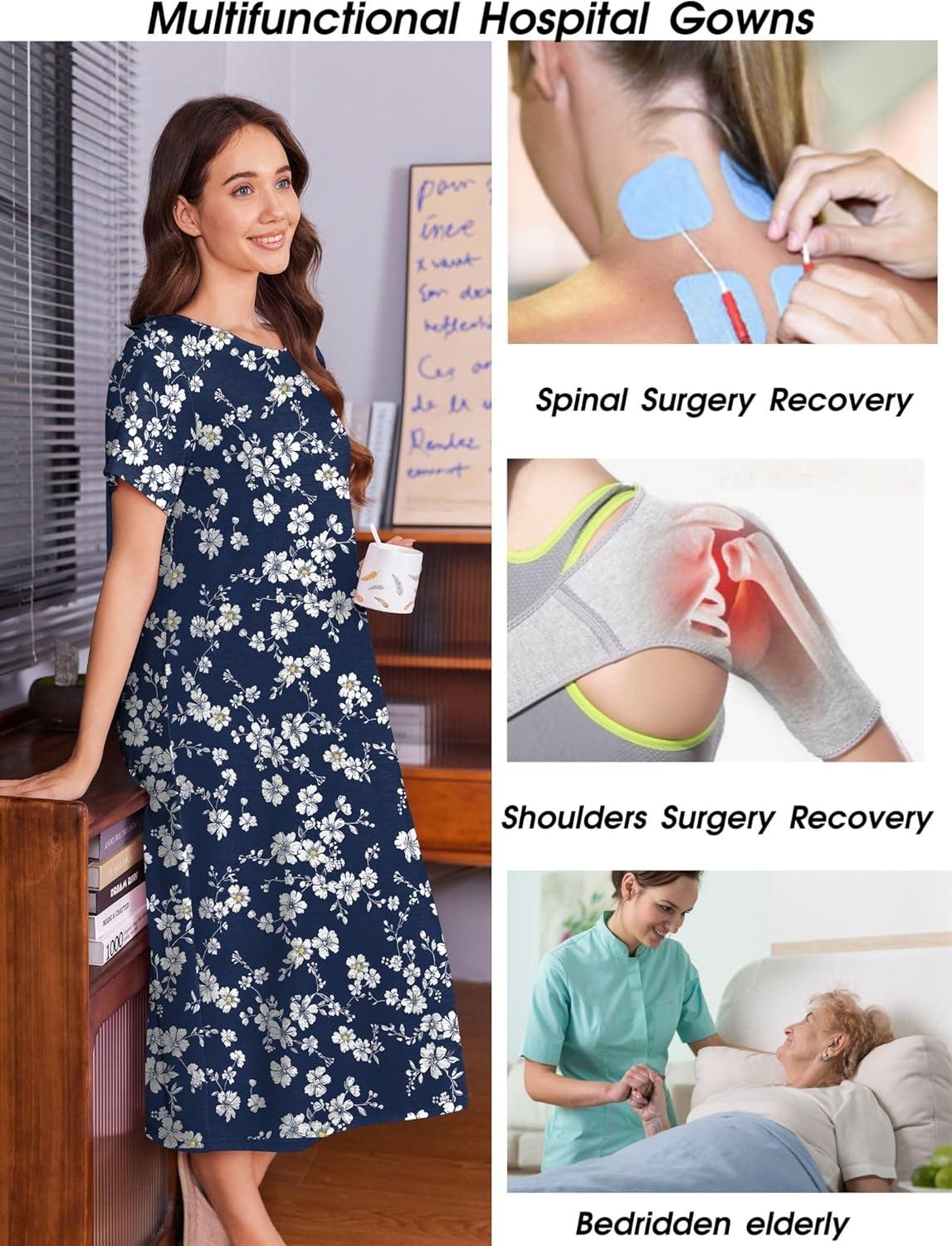 imageDeyeek Hospital Gowns for Women Labor Delivery Shoulder Surgery Dress Adaptive Clothing Night Robes for Elderly Plus SizeDeep Blue Blossom
