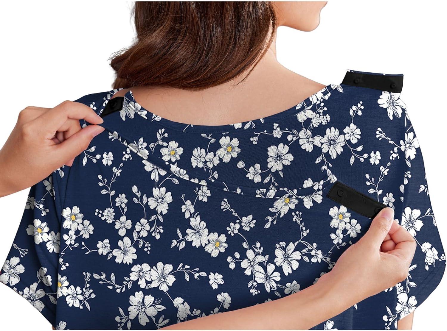 imageDeyeek Hospital Gowns for Women Labor Delivery Shoulder Surgery Dress Adaptive Clothing Night Robes for Elderly Plus SizeDeep Blue Blossom