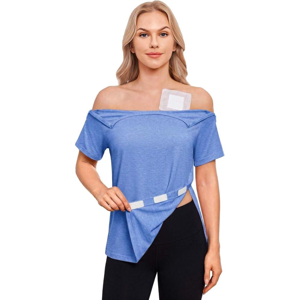 imageDeyeek Chemo Port Shirts for Women with 2 Shoulder Half Zippers Dialysis Post Surgery Shirt Side Tear Away Adaptive Clothing