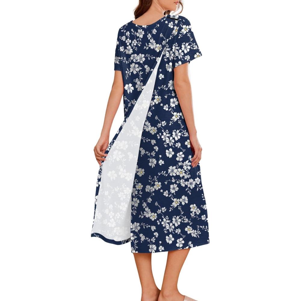 imageDeyeek Hospital Gowns for Women Labor Delivery Shoulder Surgery Dress Adaptive Clothing Night Robes for Elderly Plus SizeDeep Blue Blossom
