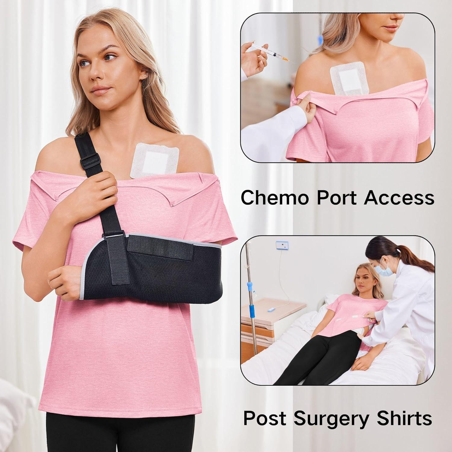 imageDeyeek Chemo Port Shirts for Women with 2 Shoulder Half Zippers Dialysis Post Surgery Shirt Side Tear Away Adaptive ClothingDark Pink
