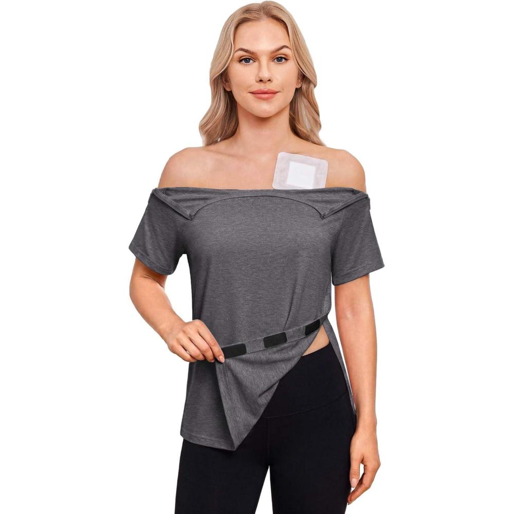 imageDeyeek Chemo Port Shirts for Women with 2 Shoulder Half Zippers Dialysis Post Surgery Shirt Side Tear Away Adaptive ClothingDark Gray