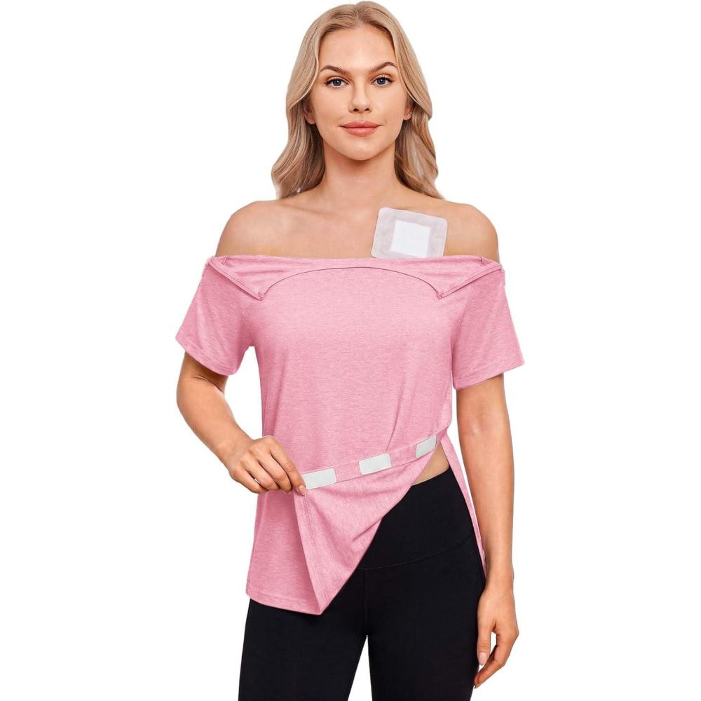 imageDeyeek Chemo Port Shirts for Women with 2 Shoulder Half Zippers Dialysis Post Surgery Shirt Side Tear Away Adaptive ClothingDark Pink