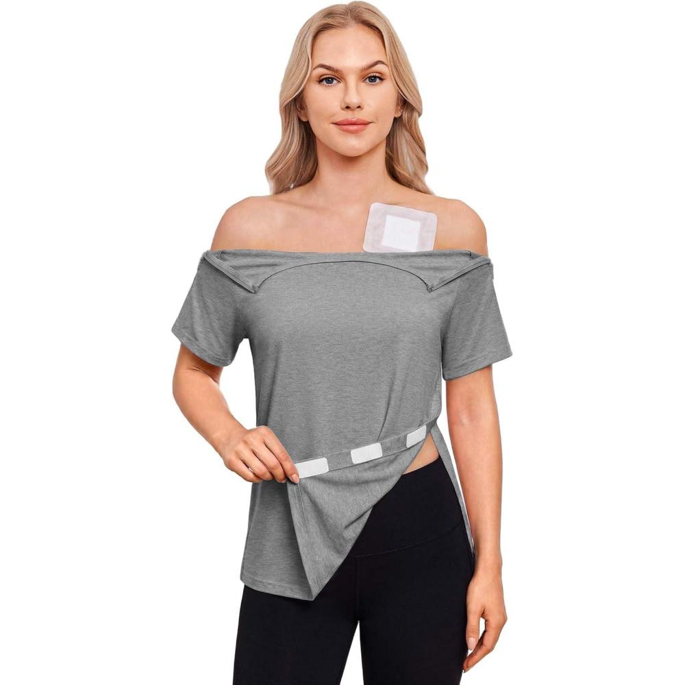 imageDeyeek Chemo Port Shirts for Women with 2 Shoulder Half Zippers Dialysis Post Surgery Shirt Side Tear Away Adaptive ClothingLight Gray