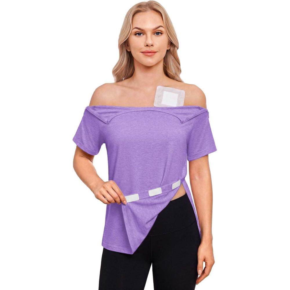 imageDeyeek Chemo Port Shirts for Women with 2 Shoulder Half Zippers Dialysis Post Surgery Shirt Side Tear Away Adaptive ClothingLilac