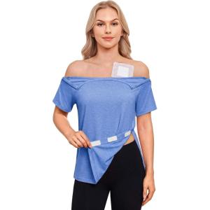 Deyeek Chemo Port Shirts for Women with 2 Shoulder Half Zippers Dialysis Post Surgery Shirt Side Tear Away Adaptive Clothing(Blue)