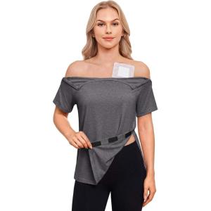 Deyeek Chemo Port Shirts for Women with 2 Shoulder Half Zippers Dialysis Post Surgery Shirt Side Tear Away Adaptive Clothing(Dark Gray)