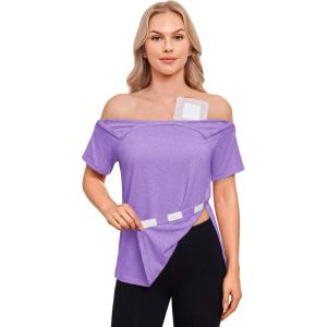 Deyeek Chemo Port Shirts for Women with 2 Shoulder Half Zippers Dialysis Post Surgery Shirt Side Tear Away Adaptive Clothing(Lilac)
