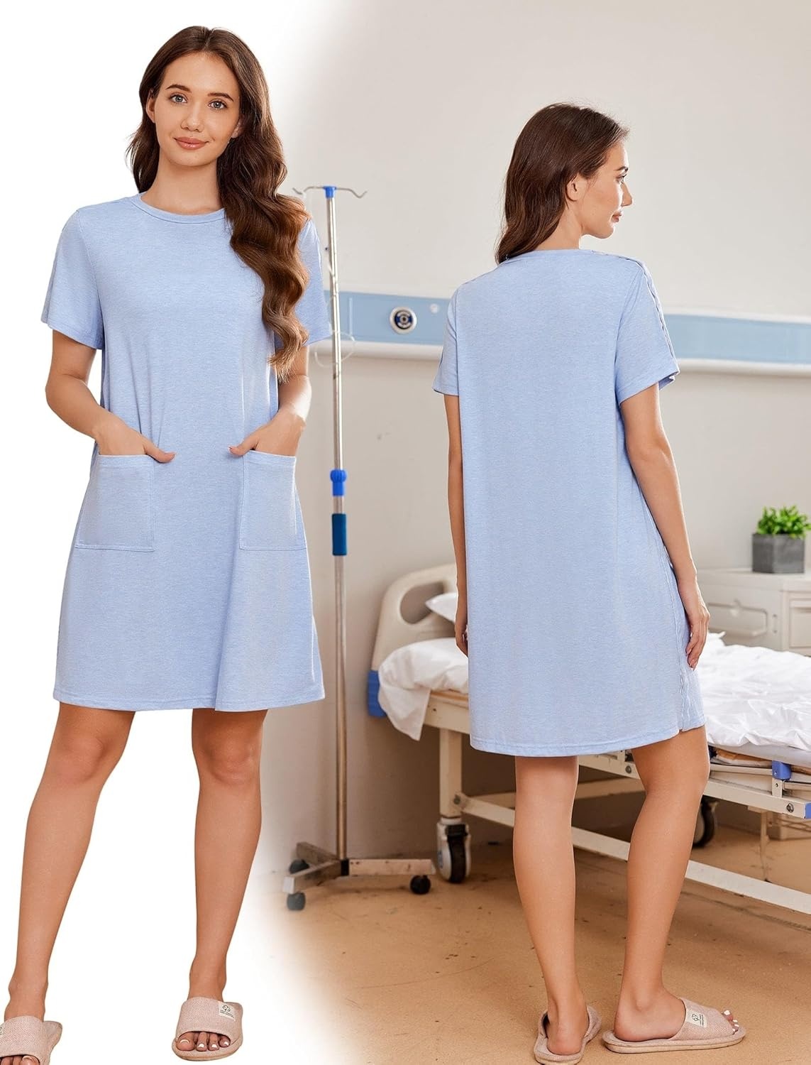 imageDeyeek Womens Post Shoulder Surgery Hospital Gowns Tear Away Short Sleeve Full Open Side Snap Adaptive Clothing NightgownsBlue
