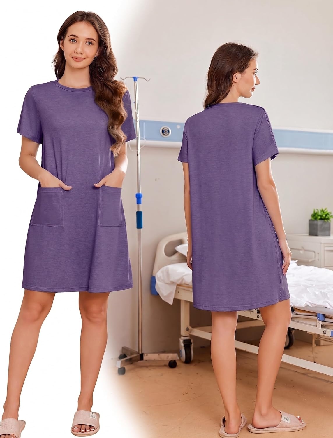 imageDeyeek Womens Post Shoulder Surgery Hospital Gowns Tear Away Short Sleeve Full Open Side Snap Adaptive Clothing NightgownsBright Purple