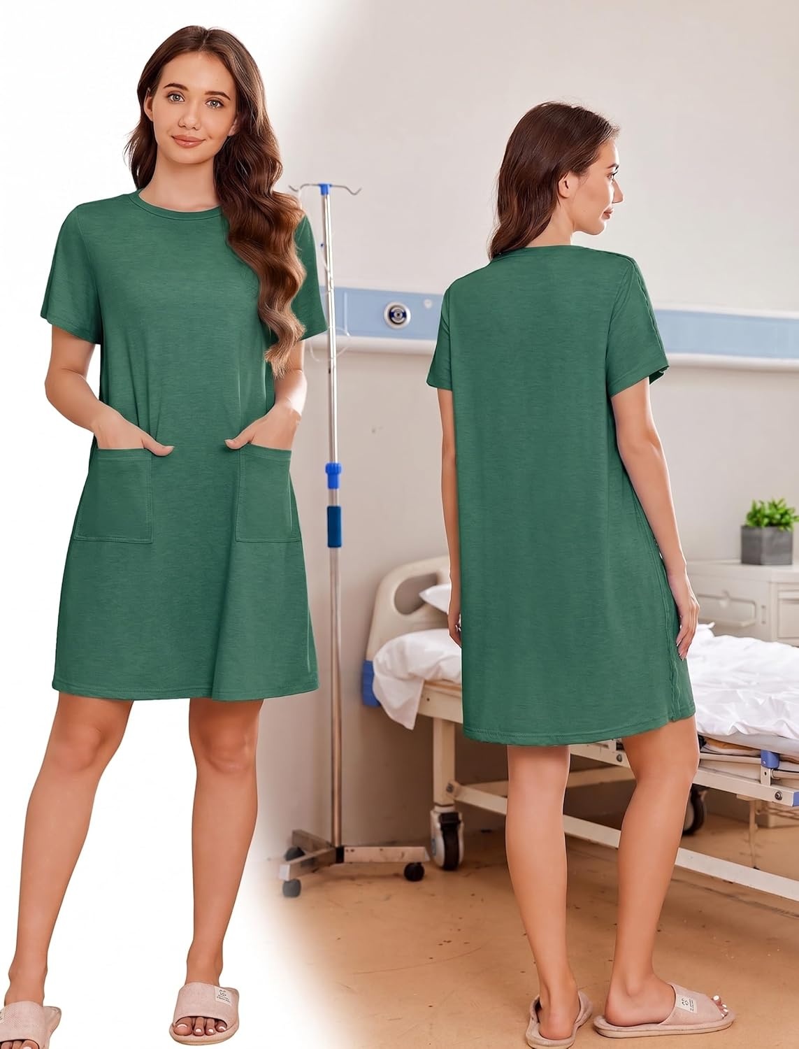 imageDeyeek Womens Post Shoulder Surgery Hospital Gowns Tear Away Short Sleeve Full Open Side Snap Adaptive Clothing NightgownsDeep Green