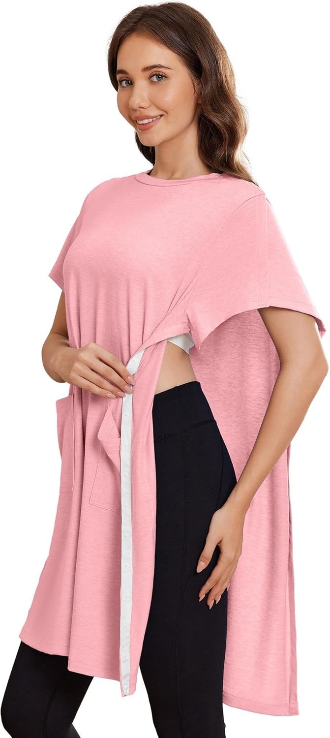 imageDeyeek Womens Post Shoulder Surgery Hospital Gowns Tear Away Short Sleeve Full Open Side Snap Adaptive Clothing NightgownsDeep Pink
