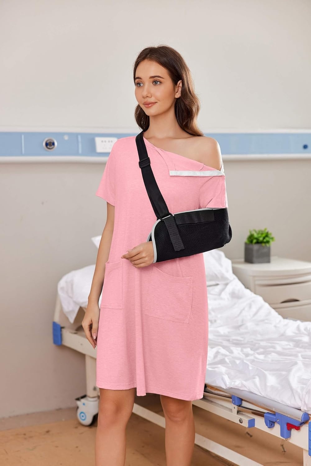 imageDeyeek Womens Post Shoulder Surgery Hospital Gowns Tear Away Short Sleeve Full Open Side Snap Adaptive Clothing NightgownsDeep Pink