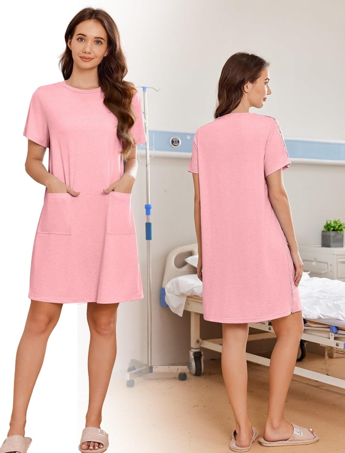 imageDeyeek Womens Post Shoulder Surgery Hospital Gowns Tear Away Short Sleeve Full Open Side Snap Adaptive Clothing NightgownsDeep Pink