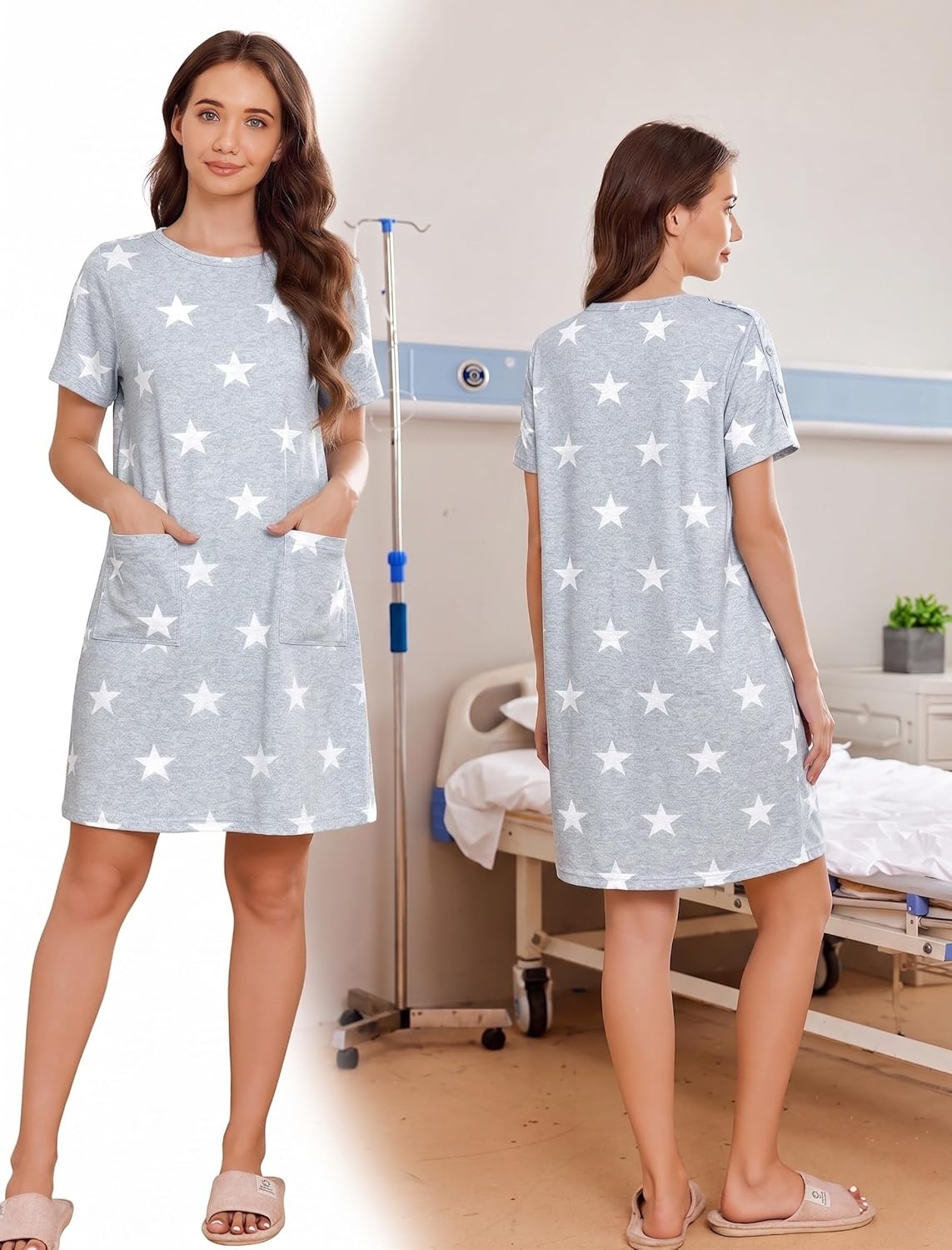 imageDeyeek Womens Post Shoulder Surgery Hospital Gowns Tear Away Short Sleeve Full Open Side Snap Adaptive Clothing NightgownsGrey Star