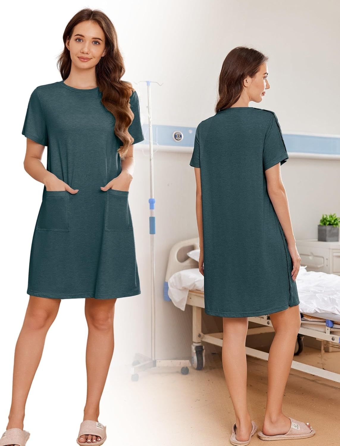 imageDeyeek Womens Post Shoulder Surgery Hospital Gowns Tear Away Short Sleeve Full Open Side Snap Adaptive Clothing NightgownsLake Green