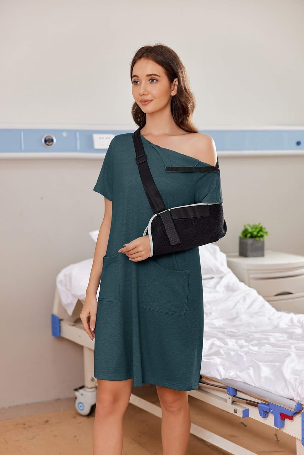 imageDeyeek Womens Post Shoulder Surgery Hospital Gowns Tear Away Short Sleeve Full Open Side Snap Adaptive Clothing NightgownsLake Green