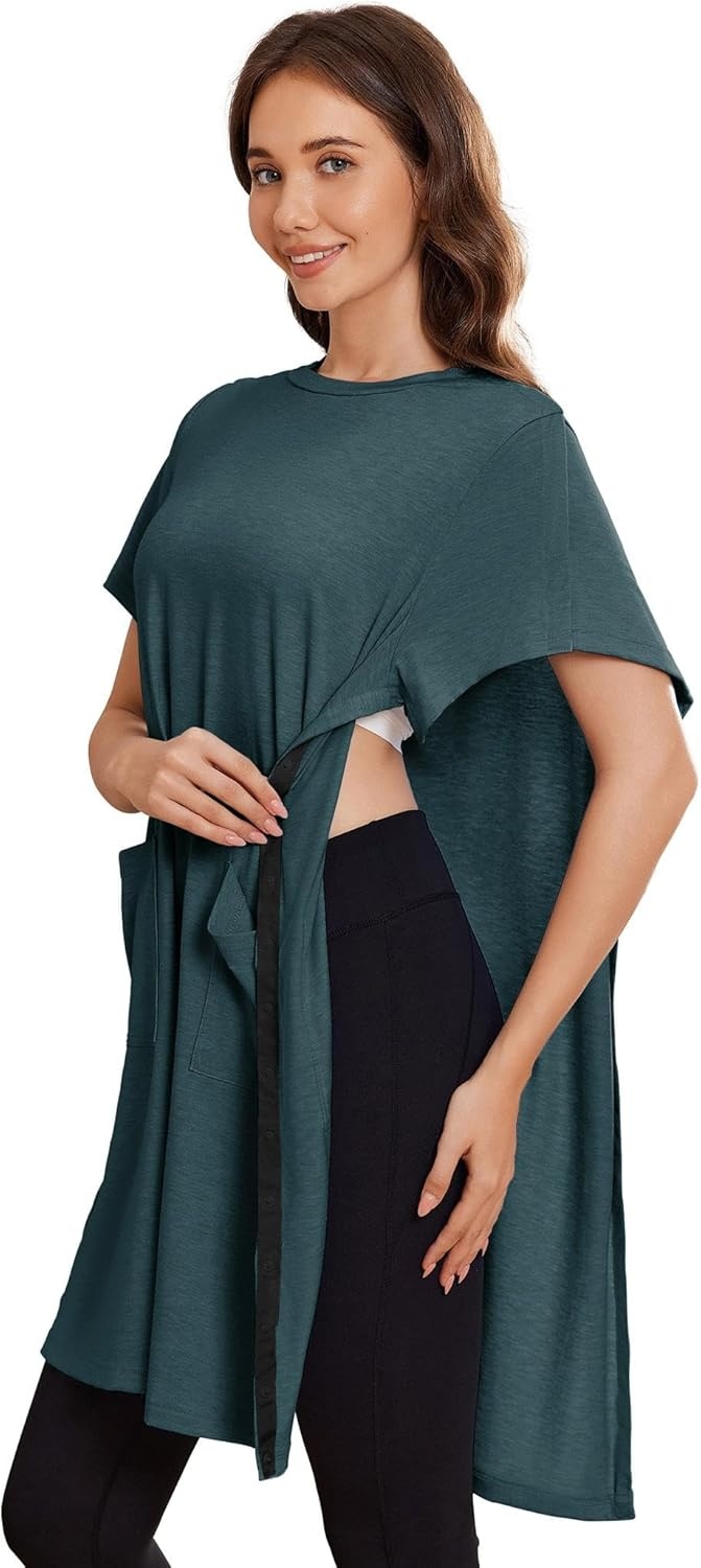 imageDeyeek Womens Post Shoulder Surgery Hospital Gowns Tear Away Short Sleeve Full Open Side Snap Adaptive Clothing NightgownsLake Green