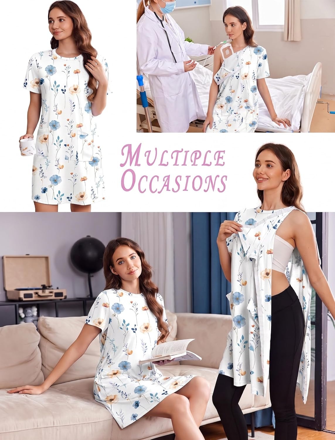 imageDeyeek Womens Post Shoulder Surgery Hospital Gowns Tear Away Short Sleeve Full Open Side Snap Adaptive Clothing NightgownsWhite Flower