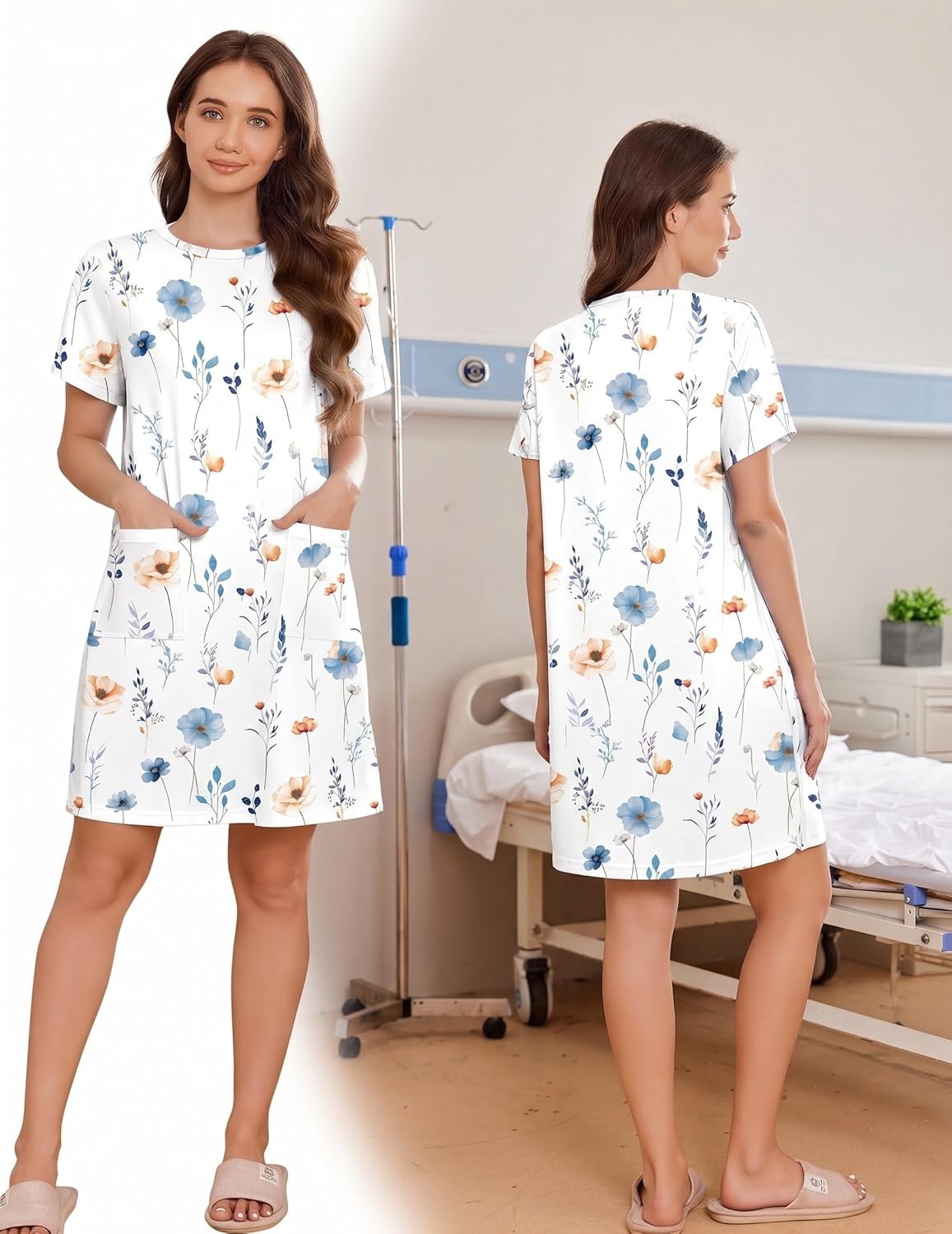 imageDeyeek Womens Post Shoulder Surgery Hospital Gowns Tear Away Short Sleeve Full Open Side Snap Adaptive Clothing NightgownsWhite Flower